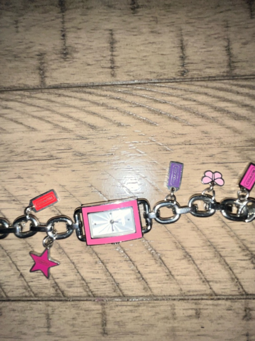 Vintage Coach Pink Enamel Charm Bracelet Watch with Silver-Tone Chain - Picture 3 of 5